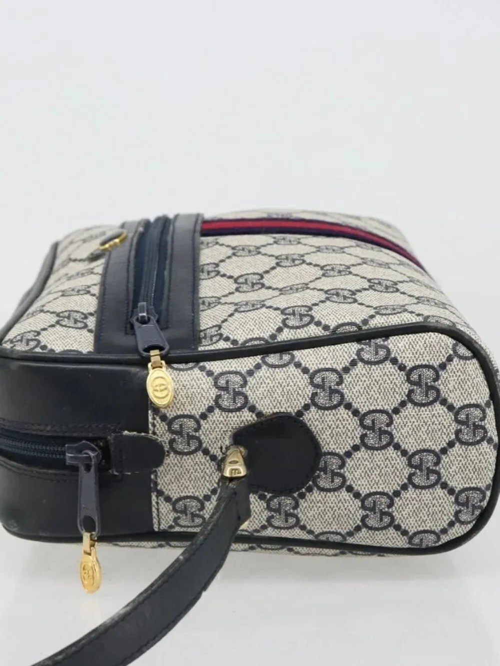 GUCCI GG Supreme Sherry Line Shoulder Bag PVC Navy Gold Auth 185719